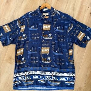 Vintage Campia Moda Navy Blue Sailboat Print  casual Men’s button down